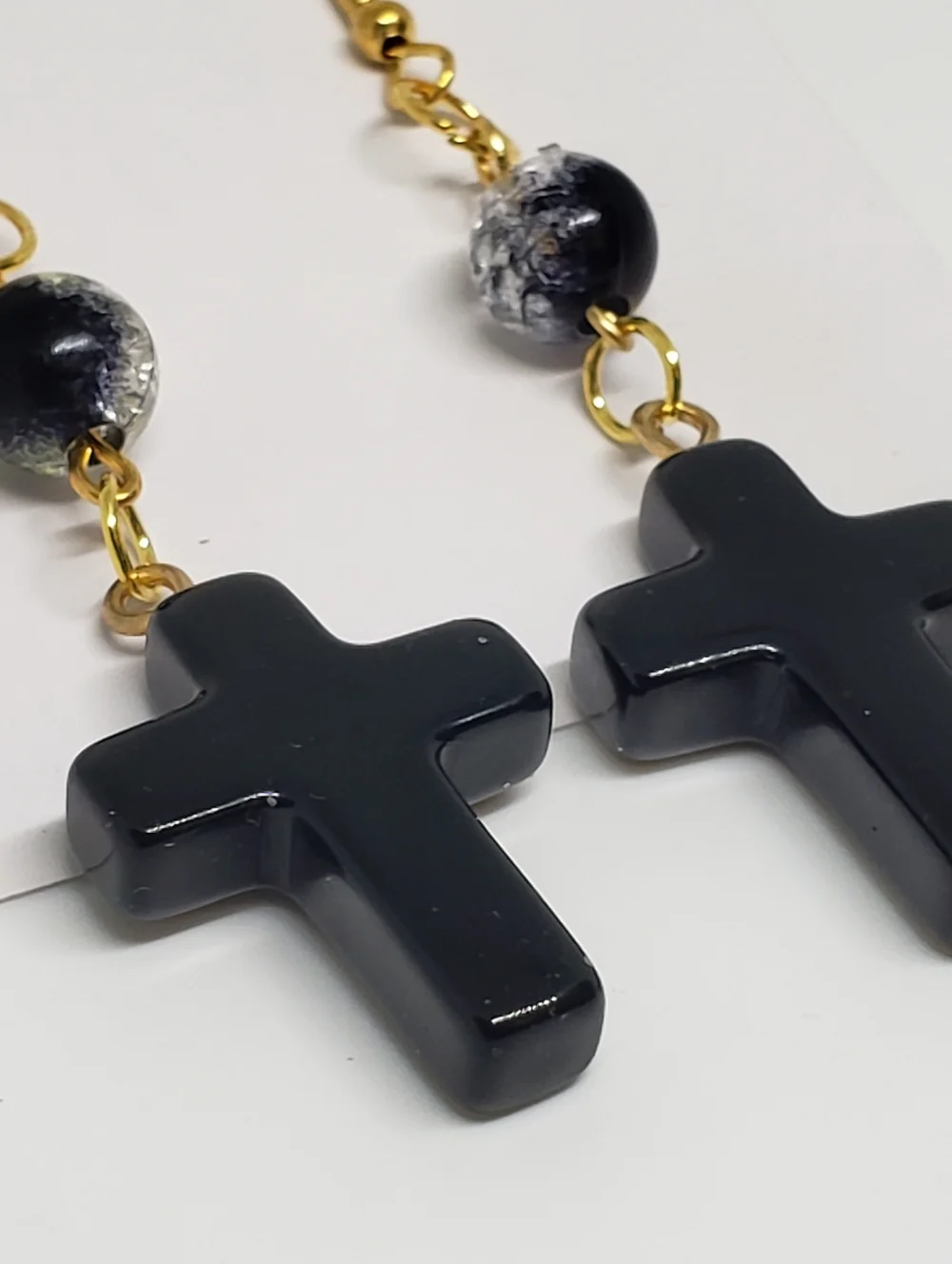 Handmade Beaded Glass Black Cross Dangle Earrings